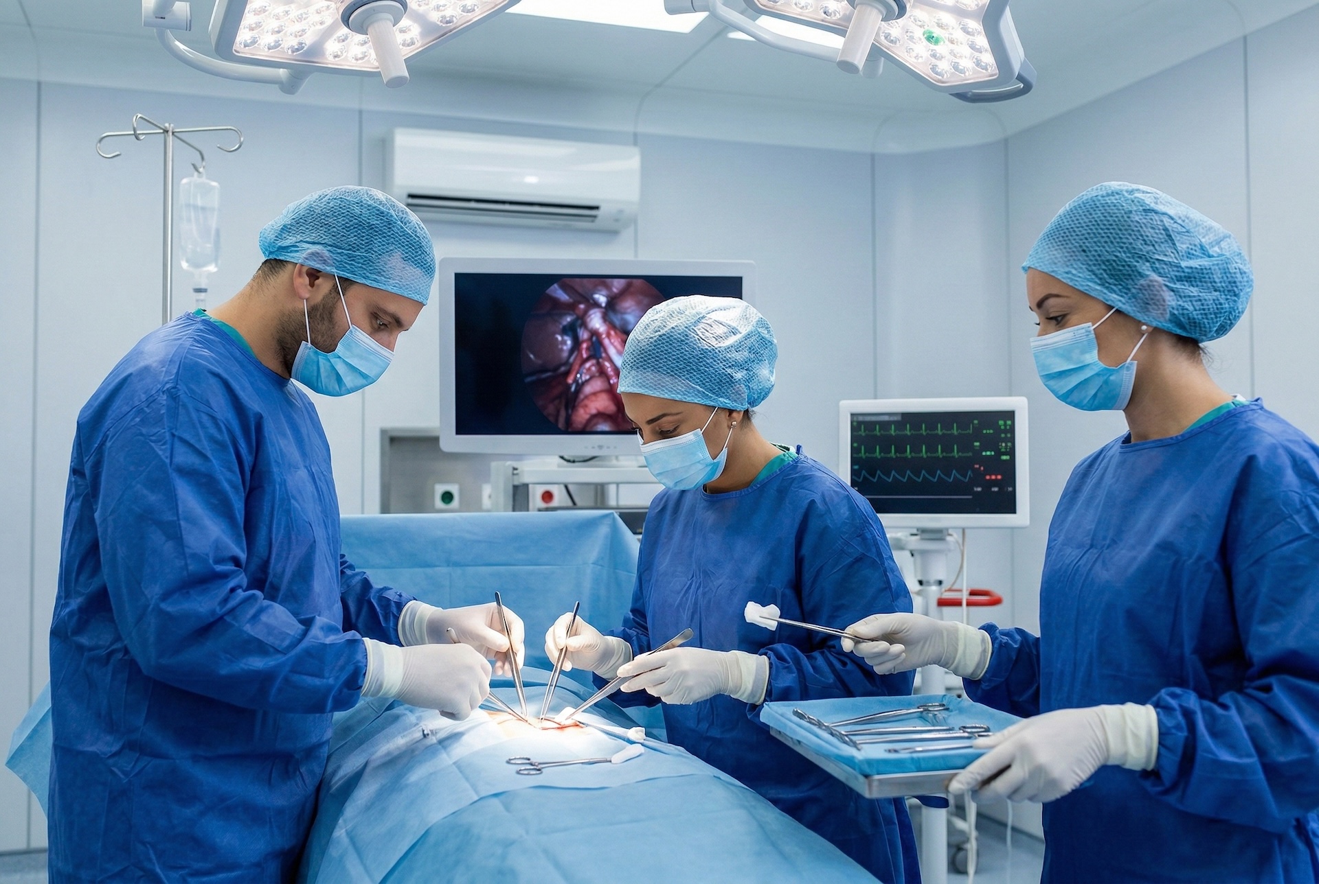 Group of surgeons performing operation in operating room